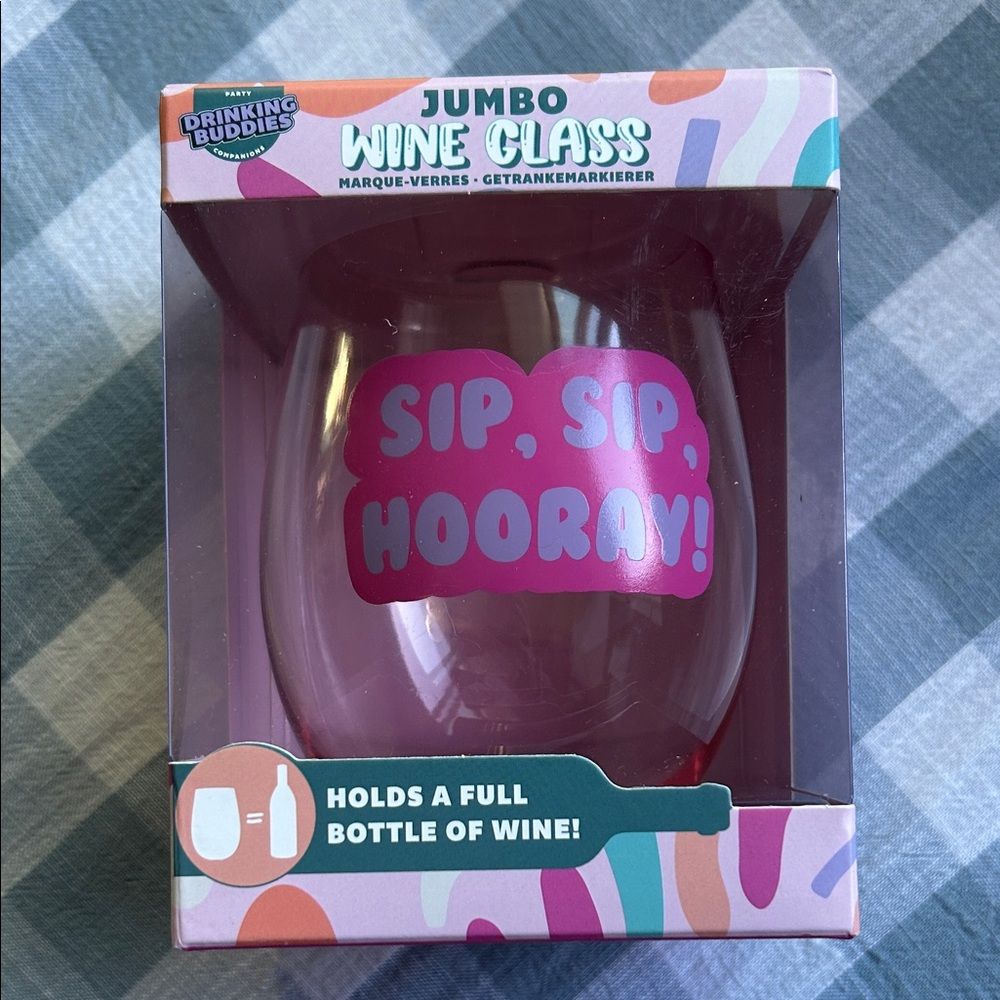 Jumbo Wine Glass with Pink 'Sip, Sip, Hooray!' Design